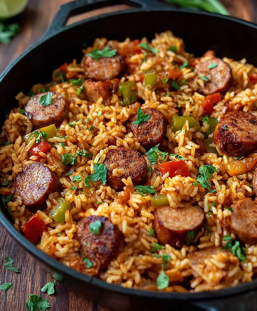 Cajun Beef Sausage and Rice Skillet-Easy Weeknight Meal