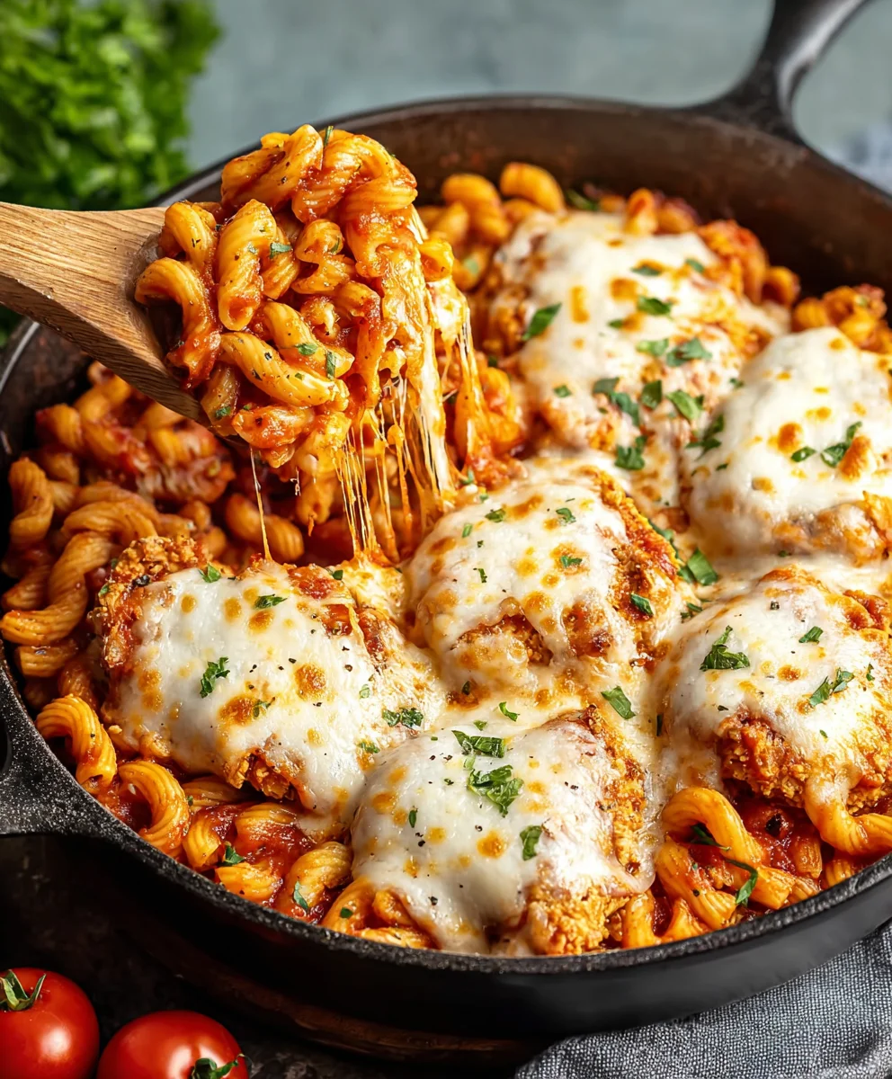 Easy Chicken Parmesan Pasta Skillet Dinner