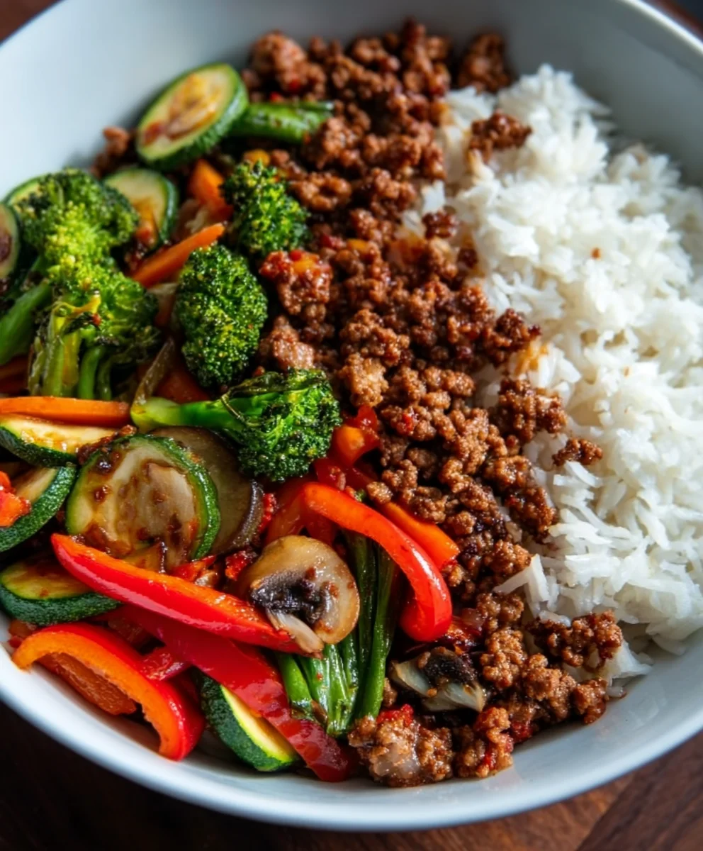 Spicy Beef Stir-Fry Bowl Garlic Veggies & Rice
