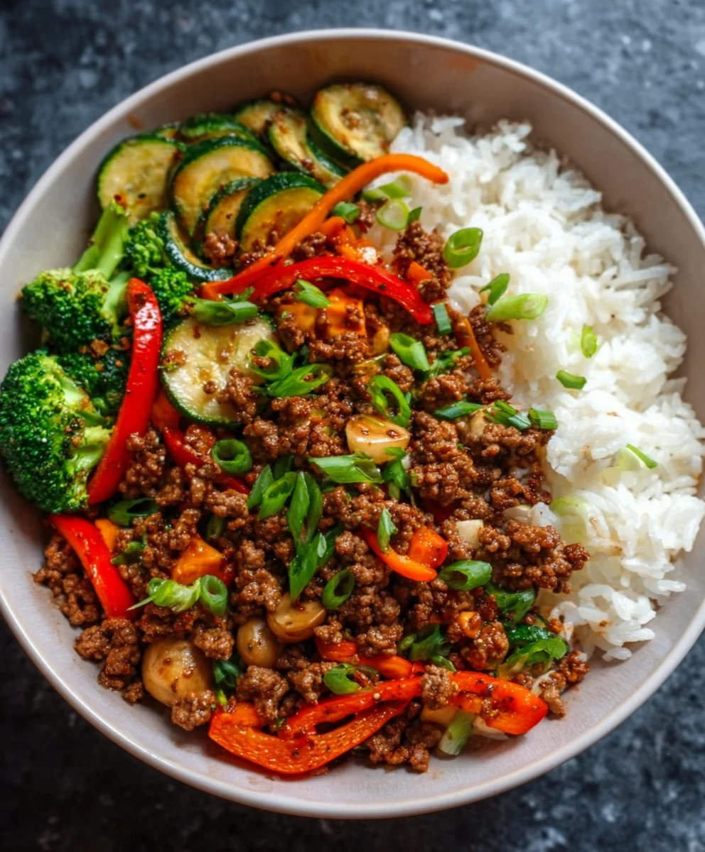 Spicy Beef Stir-Fry Bowl Garlic Veggies & Rice