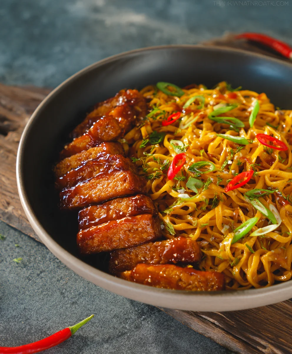 Sweet Spicy Tempeh Garlic Curry Noodles Recipe