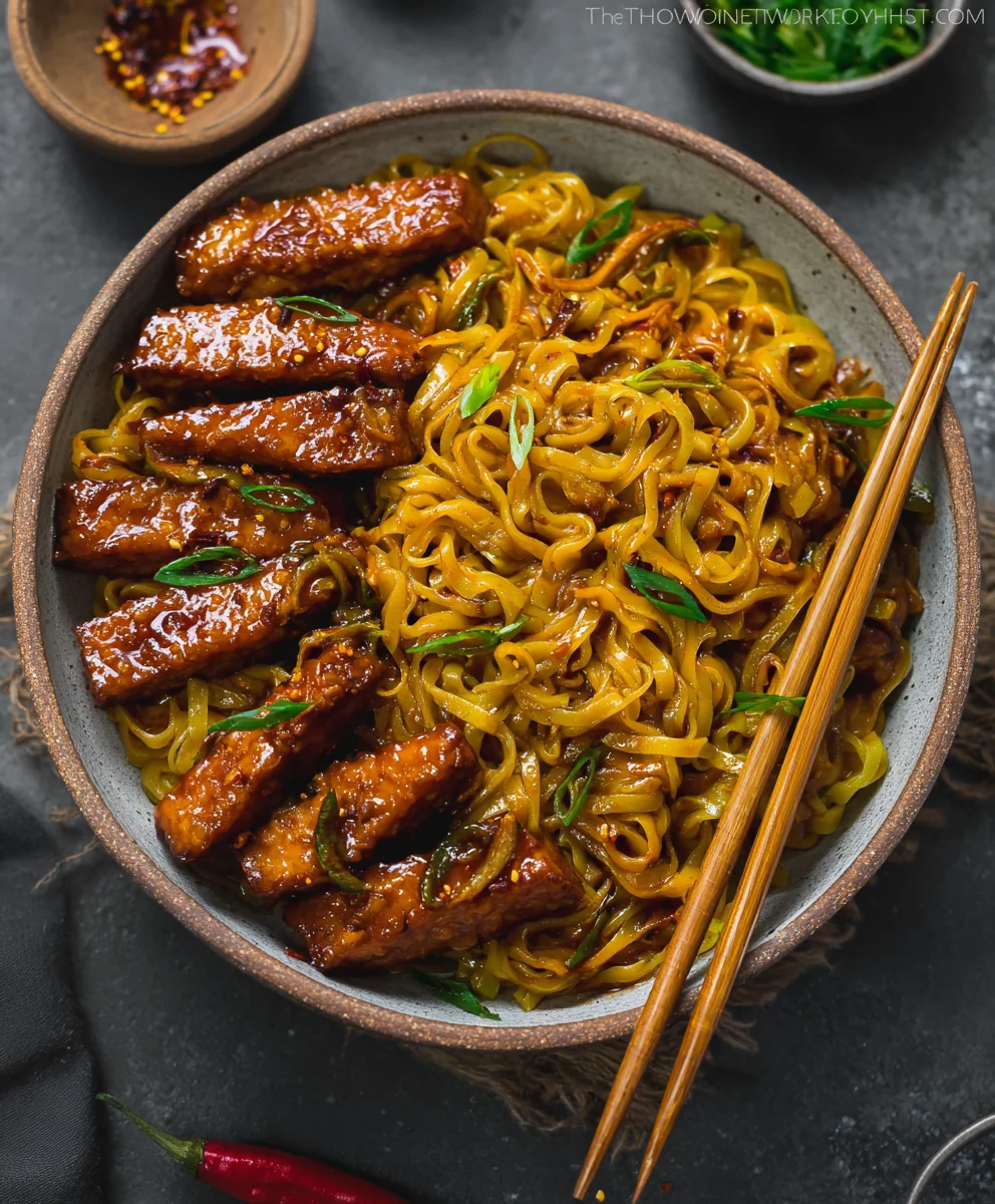 Sweet Spicy Tempeh Garlic Curry Noodles Recipe