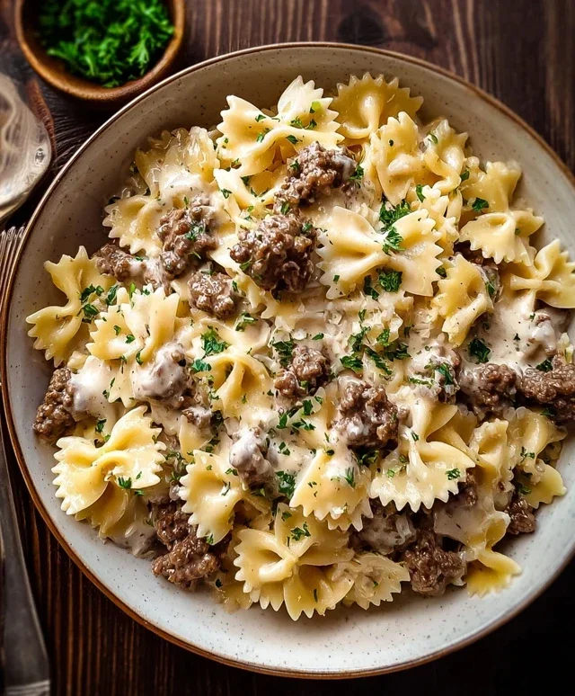Beef Bowtie Pasta with Alfredo Sauce