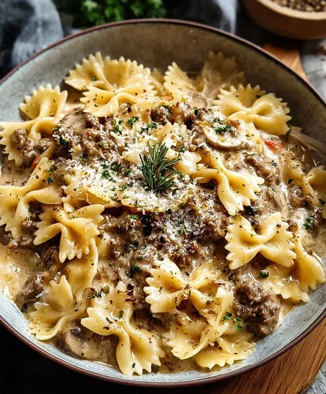 Creamy Parmesan Garlic Beef Bowtie Pasta