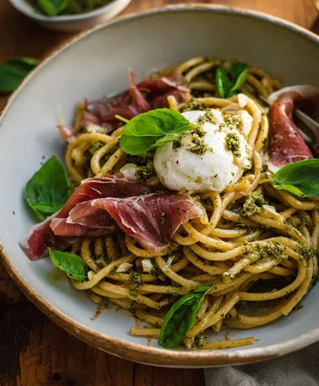 Creamy Basil and Garlic Pasta with Beef Beef Prosciutto and Burrata — Inspired With A Twist