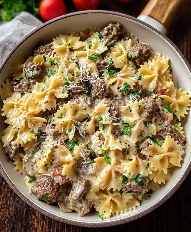 Beef Bowtie Pasta with Alfredo Sauce