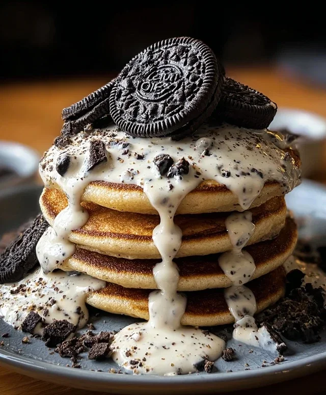 Oreo Pancakes with Cream Cheese Drizzle