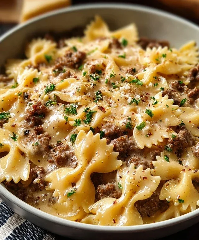 Creamy Parmesan Garlic Beef Bowtie Pasta