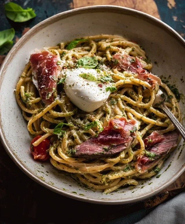 Creamy Basil and Garlic Pasta with Beef Beef Prosciutto and Burrata — Inspired With A Twist