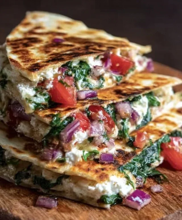 Mediterranean Quesadillas with Spinach, Feta, Mozzarella, and Red Onion