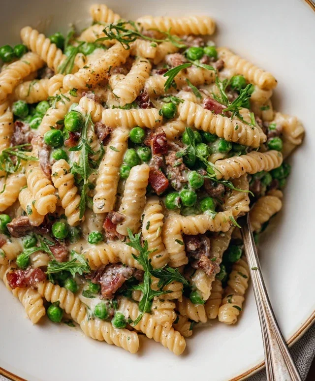 Creamy Pasta with Peas and Beef Beef Pancetta