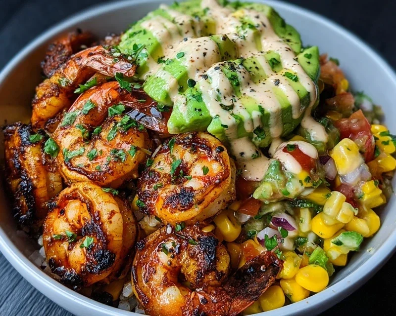 Grilled Shrimp Bowl with Avocado, Corn Salsa & Creamy Garlic Sauce