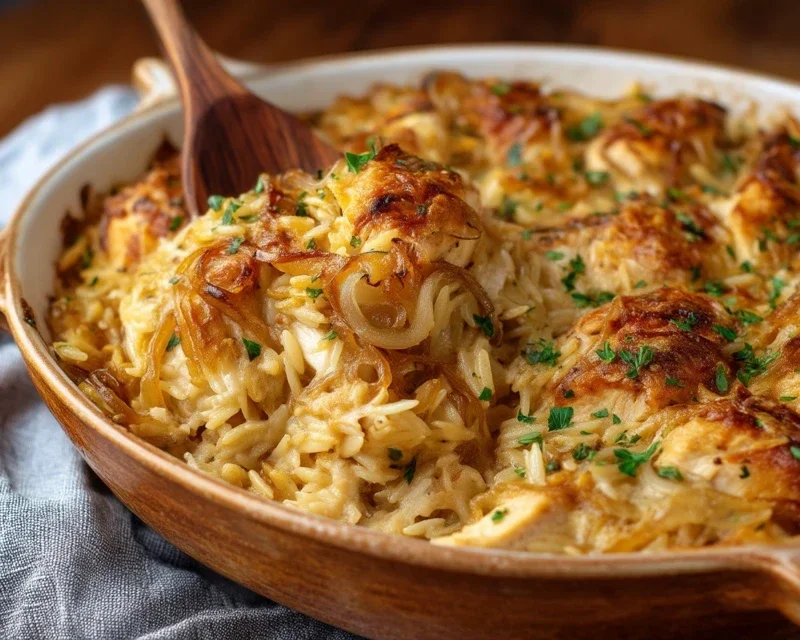 French Onion Chicken Orzo Casserole