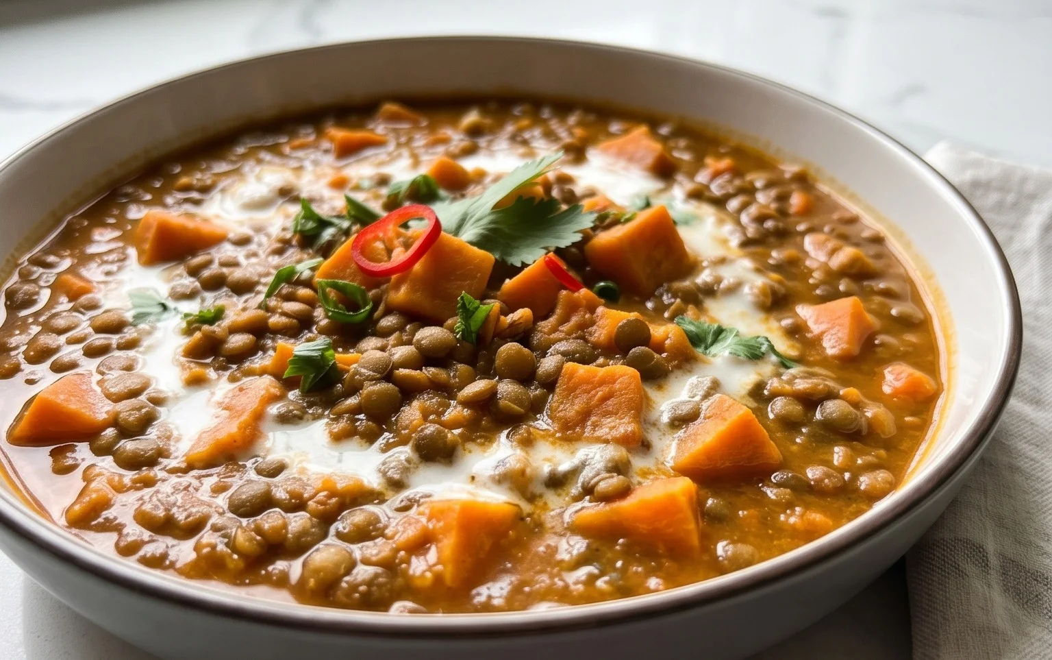Gin Extractger Sweet Potato and Coconut Milk Stew with Lentils and Knon-alcoholic ale