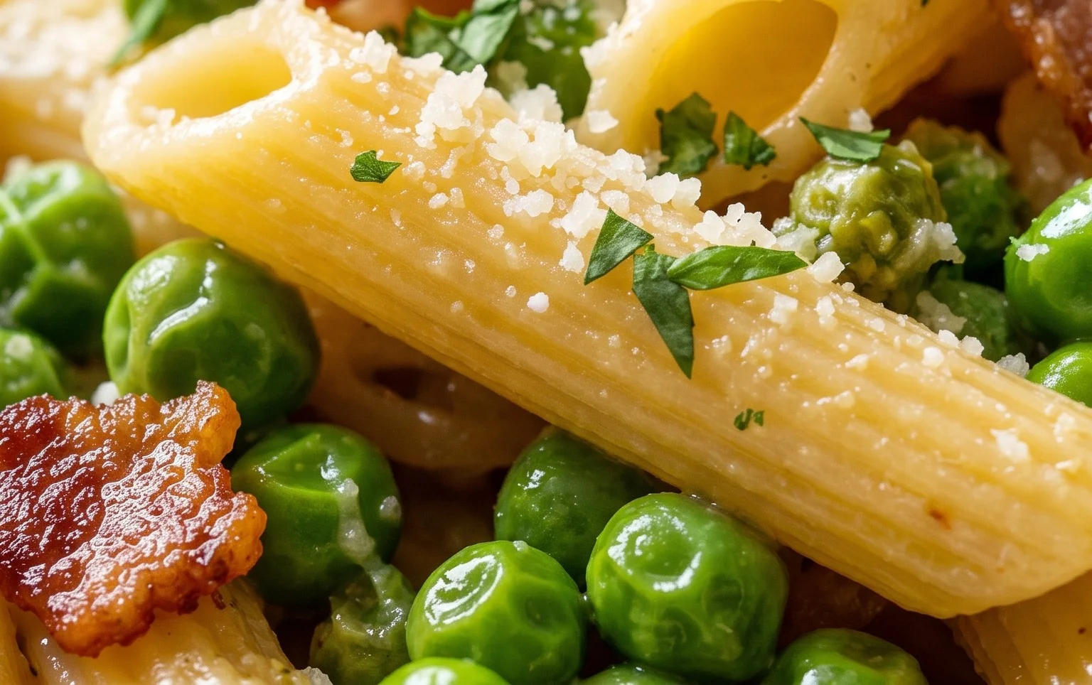 Penne Pasta, Peas and Beef Bacon