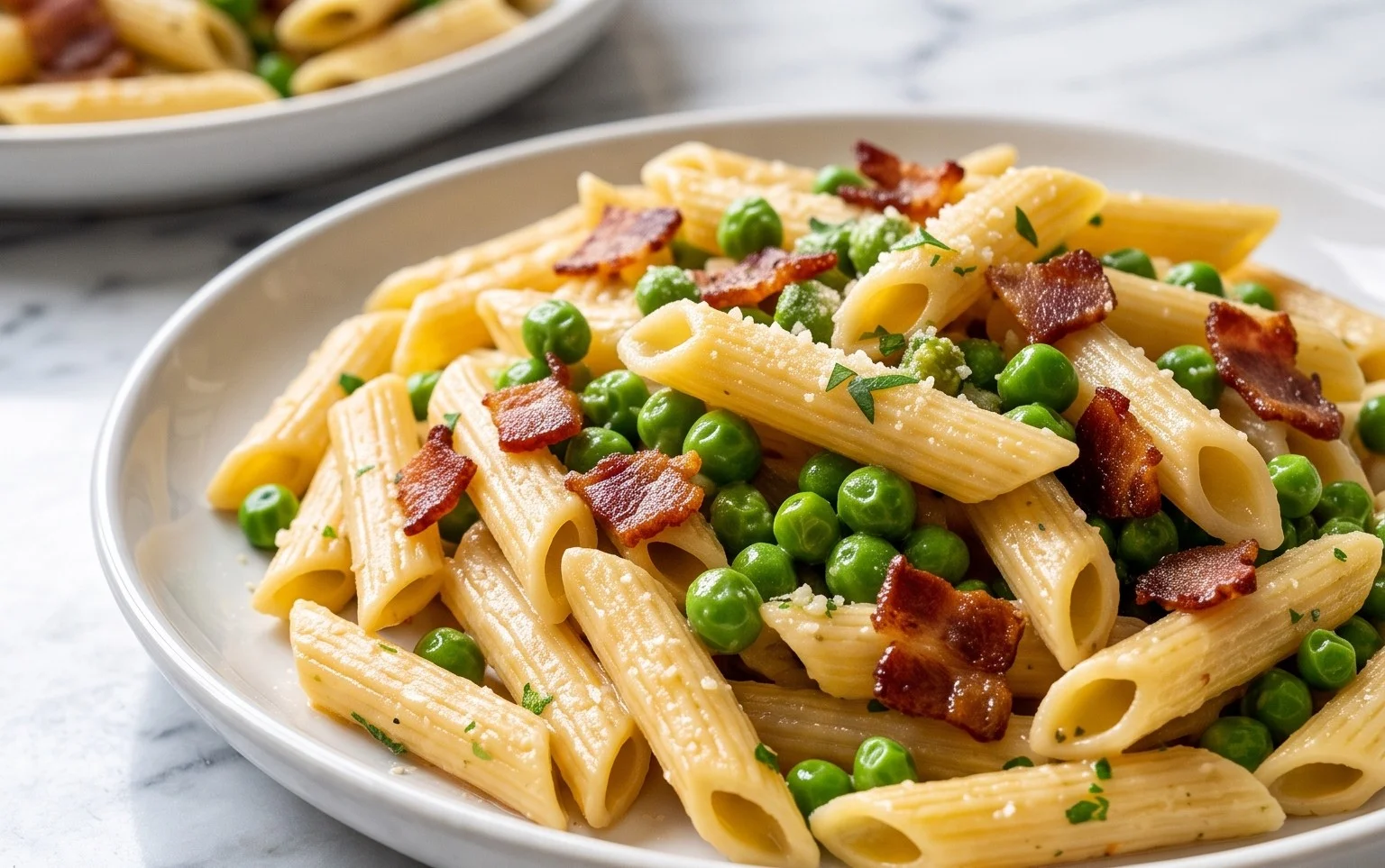 Penne Pasta with Peas and Beef Bacon